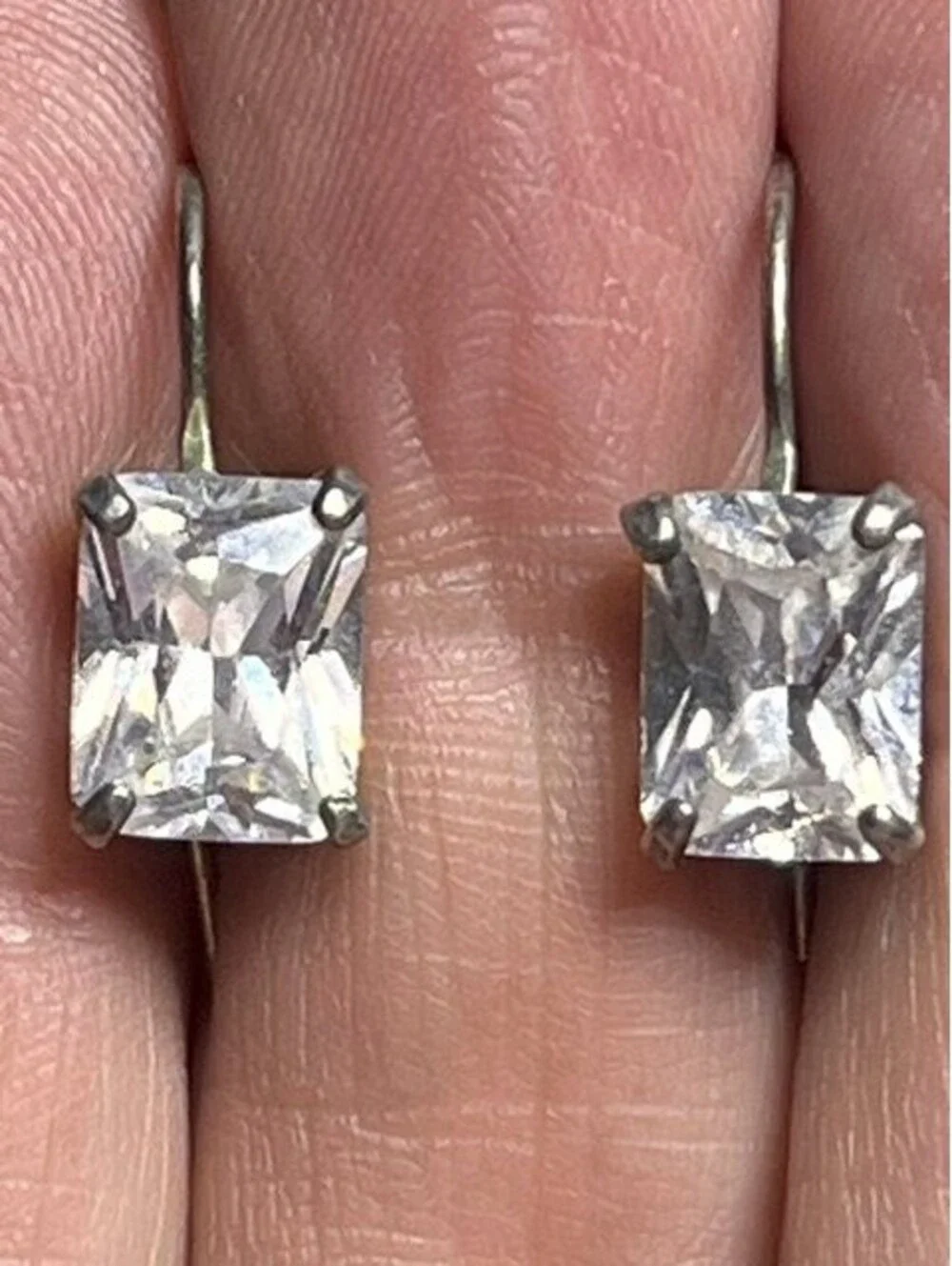 B6597 Vintage Patina Sterling Silver Leverback Dangle Earrings Rectangle CZ